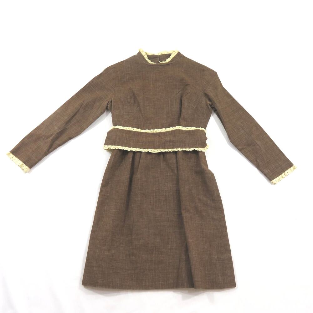 Vintage Brown Dress Kids Young Girls Lace Trim with Sash 1960's
